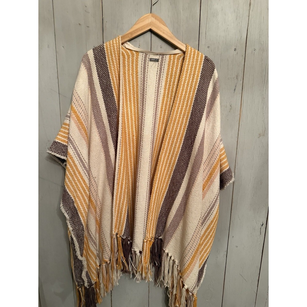 Aerie Open Front Striped‎ Brown  Gold Boho Festival Fringe Poncho Coverup OS